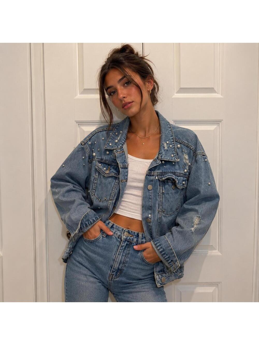 Tinseltown Distressed Pearl Embellished Denim Jacket Light Wash Women's XL Blue